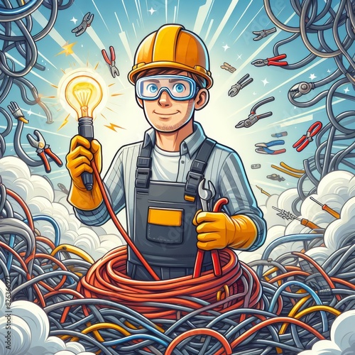 A cheerful cartoon electrician, equipped with tools, stands amidst a chaotic tangle of colorful wires, holding a glowing light bulb.. AI Generation