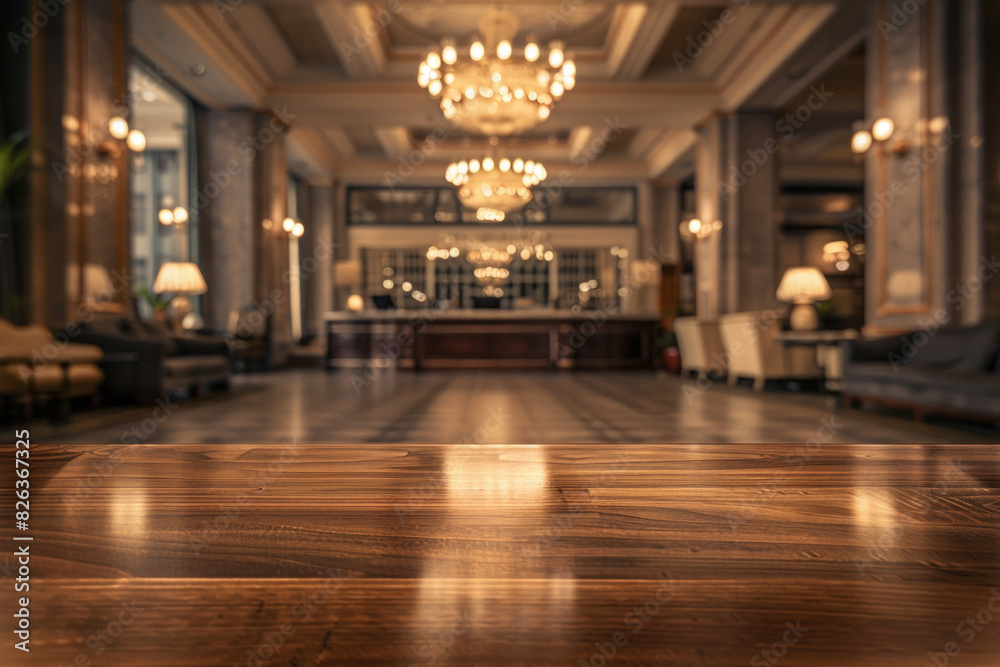 A polished wooden table in the foreground with a blurred background of a luxury hotel lobby. The background includes plush seating, elegant decors, a large chandelier, and a reception desk. A polished wooden table in the foreground with a blurred background of a luxury hotel lobby. The background includes plush seating, elegant decors, a large chandelier, and a reception desk.