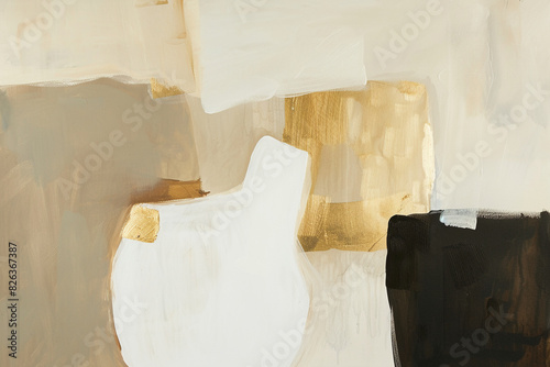 A minimalist and abstract painting of the coffee pot, using earthy tones to create an overall soft color palette. The background is neutral with large shapes that give depth without creating details o