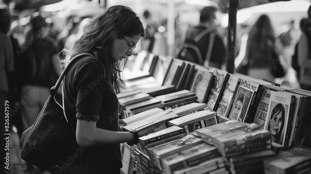 Black and white image of a young woman reading a book in a bustling outdoor book market, browsing through various books on display.