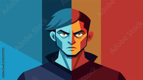 Using different shades of light and dark an artist captures the duality of their personality in a selfportrait split down the middle with one side. Vector illustration