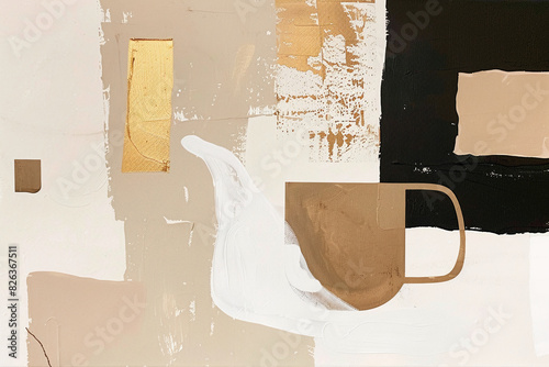 A minimalist and abstract painting of the coffee pot, using earthy tones to create an overall soft color palette. The background is neutral with large shapes that give depth without creating details o