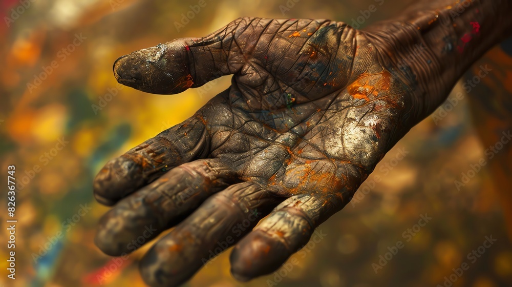Close-up of an artist's paint-covered hand showcasing creativity and artistic expression against a vibrant background. Close-up of an artist's paint-covered hand showcasing creativity and artistic expression against a vibrant background.