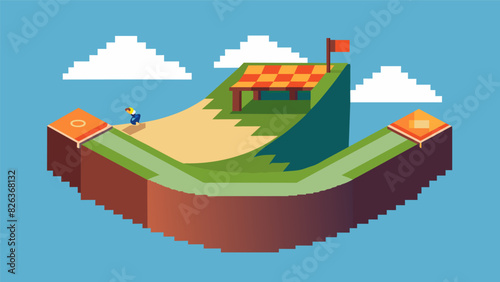 A perfectly pixelated halfpipe stands tall in the center of the VR skatepark inviting skaters to spin flip and grind to their hearts content.. Vector illustration