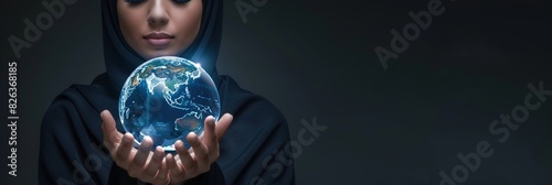 Beautiful young Arabic woman in hijab holding hologram Earth globe planet in hands against dark background. Futuristic, Arab woman, hologram and technology concept