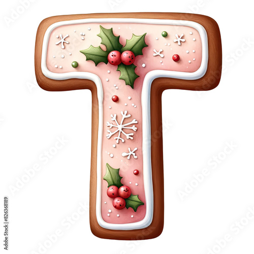 Christmas themed uppercase letter T with pink gingerbread cookie with decorations isolated on transparent background, alphabet clipart