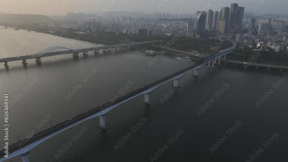 Drone View of Seoul city in South Korea, Dangsan, Han river, summer, sunset Drone View of Seoul city in South Korea, Dangsan, Han river, summer, sunset