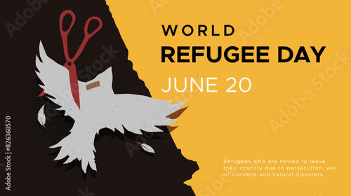 World Refugee Day, June. design concept of refugees migrating due to violent behavior and war. the symbol of a wounded dove which means oppression of innocent people