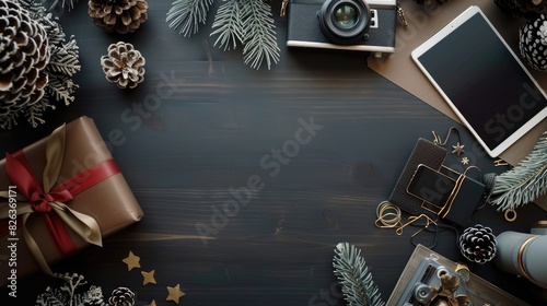 Modern worktable with digital tablet camera smartphone decorations and copy space viewed from above