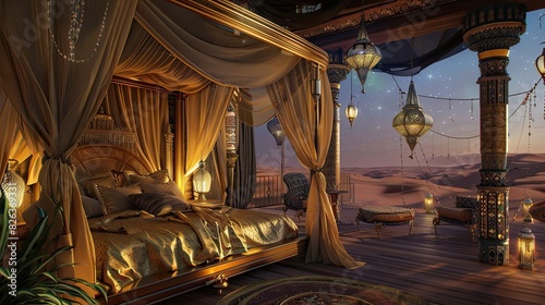 n opulent Arabian nights themed bedroom with lush draperies, a golden canopy bed, and exotic hanging lamps