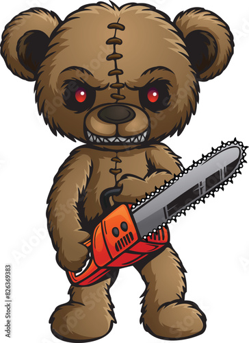 Cartoon monster teddy bear holding chainsaw