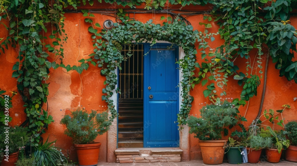 A picturesque blue doorway framed by vibrant, climbing ivy on a rustic orange wall. 