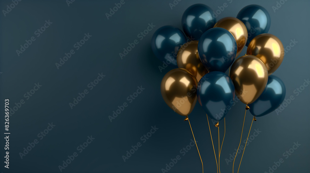 Festive cluster of shiny blue and gold balloons floating against a dark, textured background, celebrating a special occasion Festive cluster of shiny blue and gold balloons floating against a dark, textured background, celebrating a special occasion