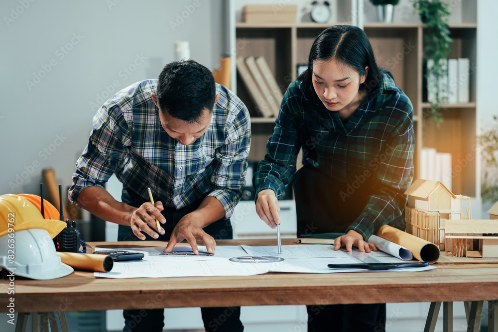 Engineer teams meeting working together wear worker helmets hardhat on ...