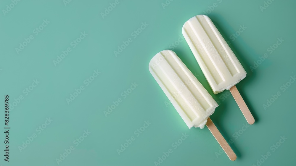 Two white ice pops on wooden sticks light blue background Two white ice pops on wooden sticks light blue background