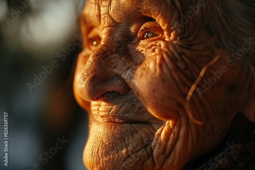 Detailed view of an elderly womans face showcasing wrinkles, age spots, and expressions