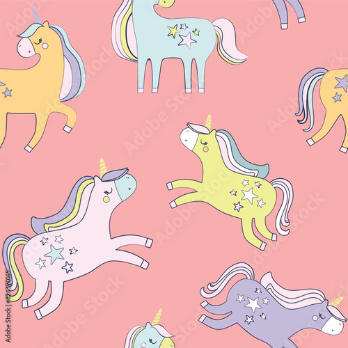 Seamless pattern with unicorns on a colored background. Vector illustration for printing on fabric, packaging paper. Cute children's background. 