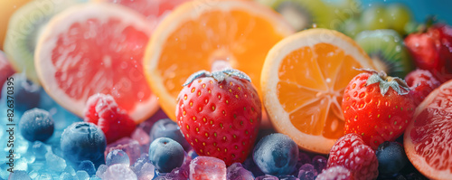 Closeup panoramic view of fresh colourful fruit. Freshness and refreshment concept.
