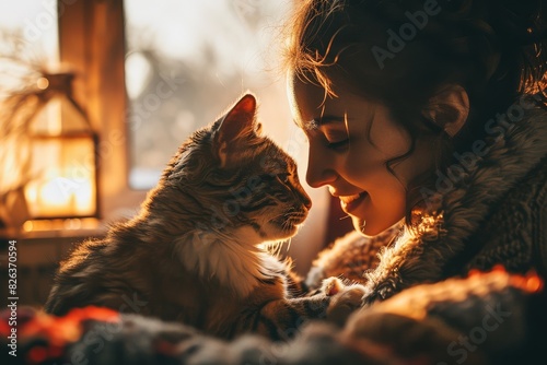 A woman joyfully holds a cat in her arms  showing a moment of bonding and affection between human and pet