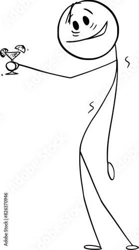 Smiling drunken person holding glass of wine or drink, vector cartoon stick figure or character illustration.