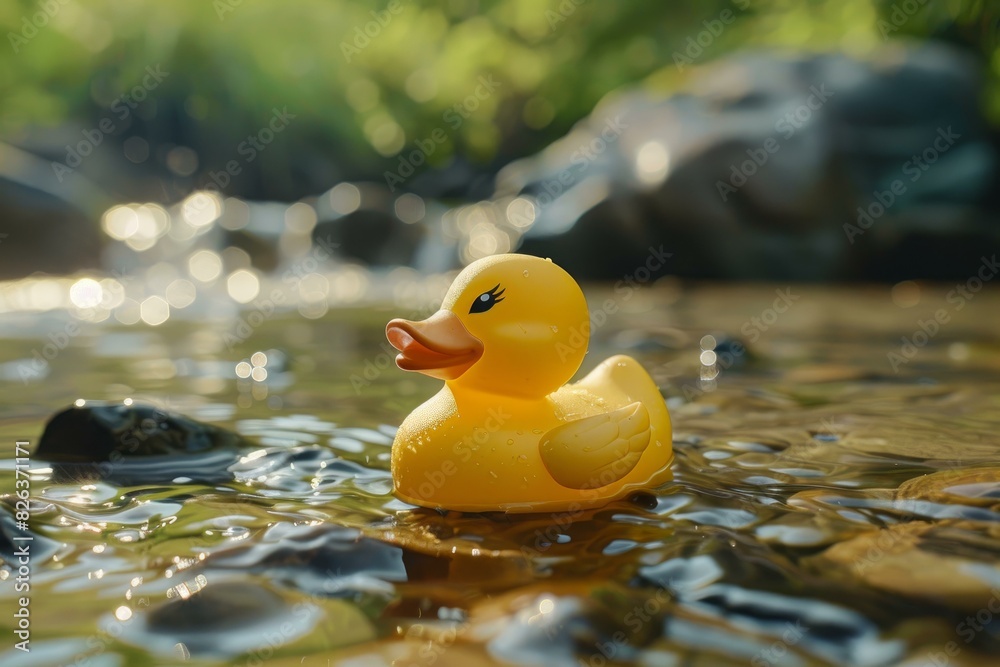 A vibrant rubber duck floats gently on a serene water surface basked in sunlight