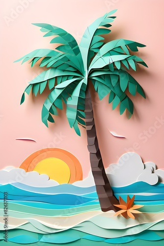 minimalistic paper art illustration of a tropical beach with blue ocean and palm trees