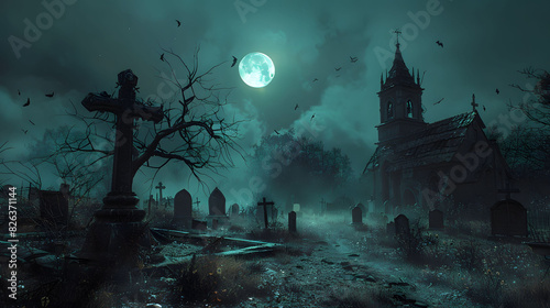 Spooky Gothic Graveyard with Church Silhouette Under Full Moon