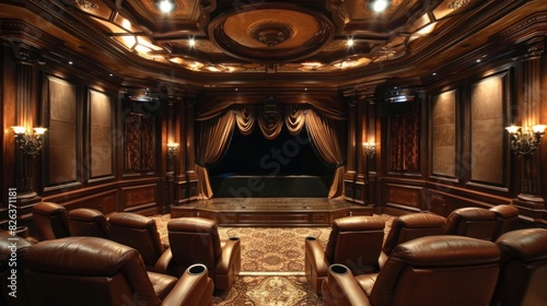 A modern theater room with rows of comfortable leather chairs facing a large screen for viewing movies or presentations.