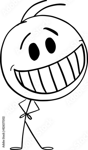 Crazy person showing big smile, vector cartoon stick figure or character illustration.