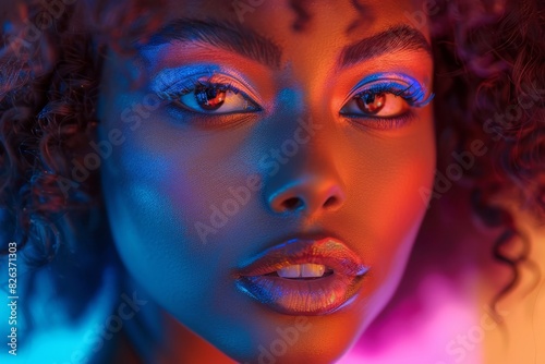 beautiful black woman with curly hair with bright color makeup on neon background