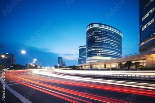 The light trails on the modern building background  Abstract Motion Blur City