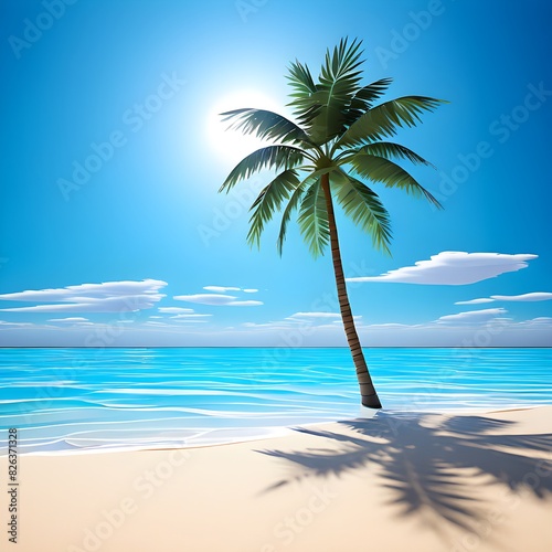 minimalistic paper art illustration of a tropical beach with blue ocean and palm trees