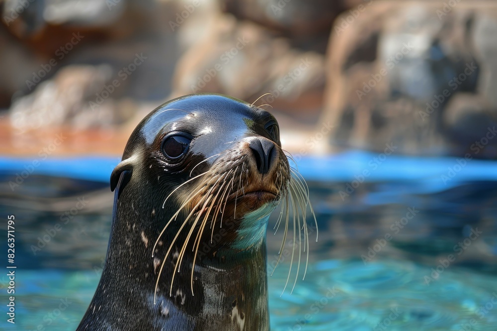 Detailed closeup of a california sea lion with clear eyes and whiskers against a blurred aquatic background