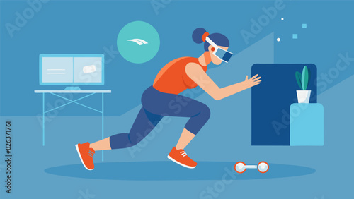 A user completing a circuit of jump squats burpees and pushups while being transported to different locations and scenarios through VR making their. Vector illustration