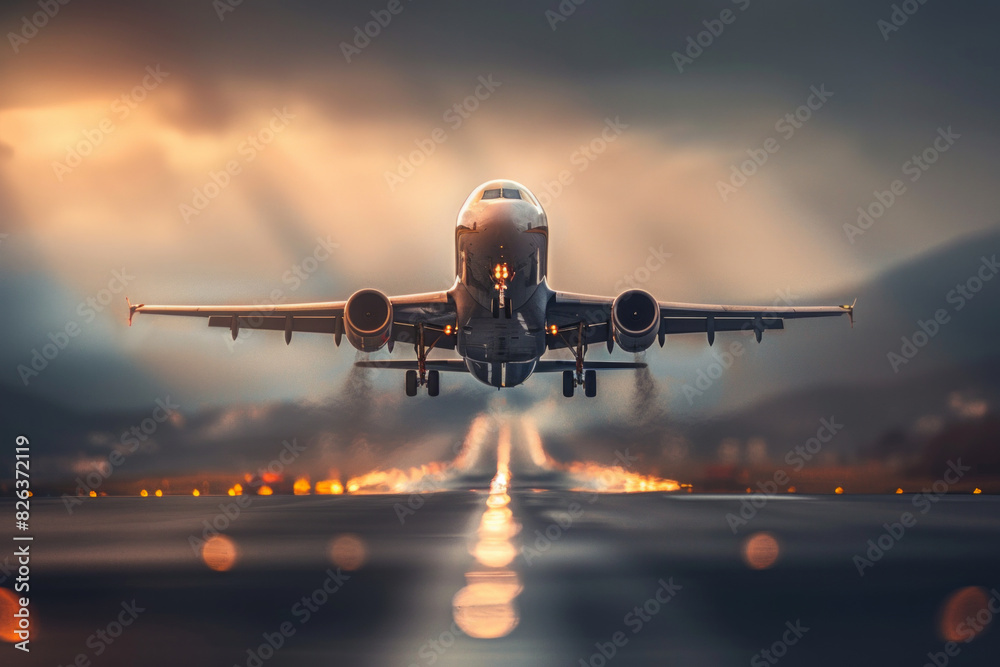 A jet plane taking off from a runway, captured from the ground level with the plane in sharp focus and the surrounding environment blurred to highlight the rapid ascent. A jet plane taking off from a runway, captured from the ground level with the plane in sharp focus and the surrounding environment blurred to highlight the rapid ascent.