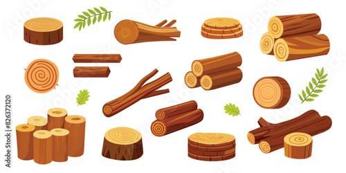 Lumber industry wood logs. Tree trunks, stumps, planks, piled firewood. Hardwood timber materials for lumber industry vector set.
