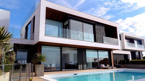 Shows a large, modern house with a swimming pool.  © Pro