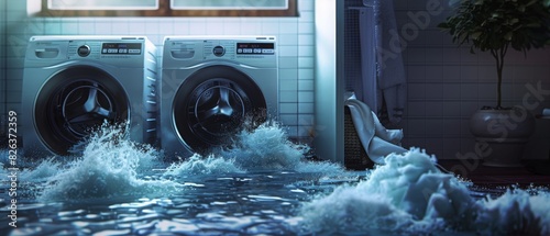 A washing machine is in the middle of a flood