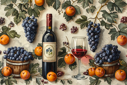 
pattern of [wine bottle+wine glass+grape+grape tree+wooden barrell], cozy color paltette --ar 3:2 --stylize 750