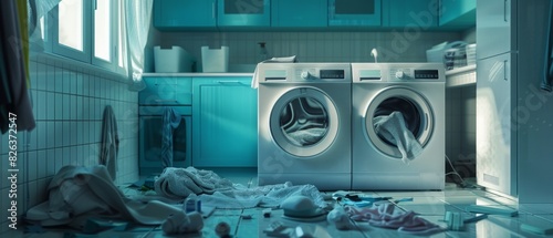 A messy laundry room with a washer and dryer