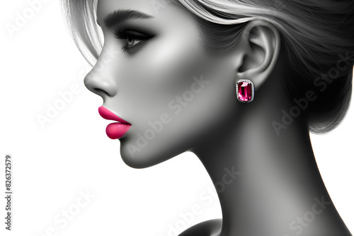 black and white profile of a blonde, lips and bright pink earring photo