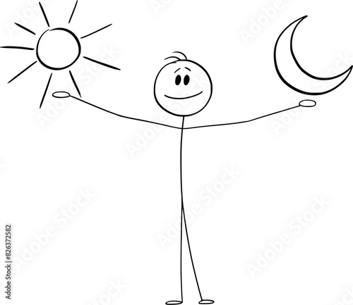 Person showing day and night, Sub and Moon, vector cartoon stick figure or character illustration.