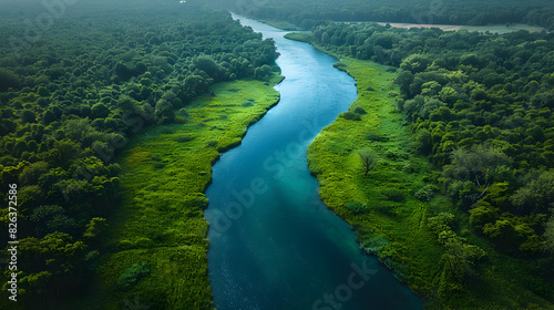 Aerial View of Serene River Flowing Through Lush Green Forest