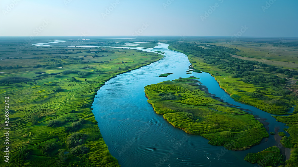 Obraz premium Aerial View of Serene River and Lush Green Landscape