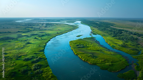 Aerial View of Serene River and Lush Green Landscape