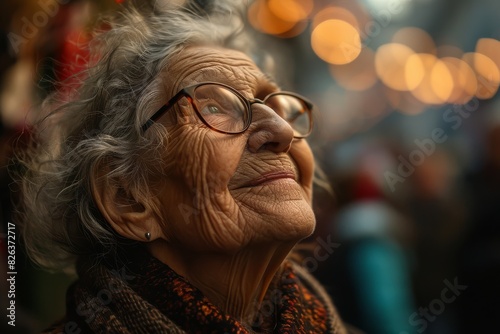 Older woman with glasses gazes up at the sky, pondering the vastness above