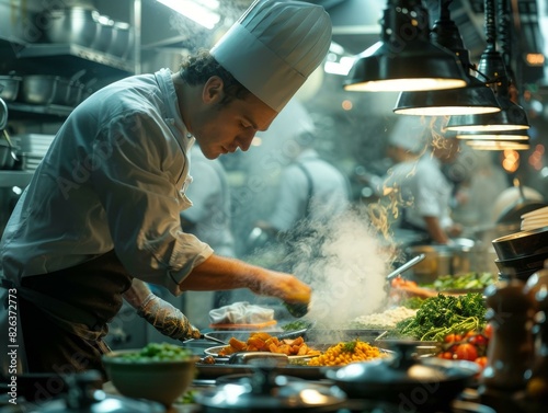 Busy Restaurant Kitchen: Professional Chef Cooking