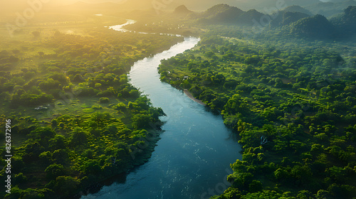 Aerial View of Serene River Winding Through Lush Landscape