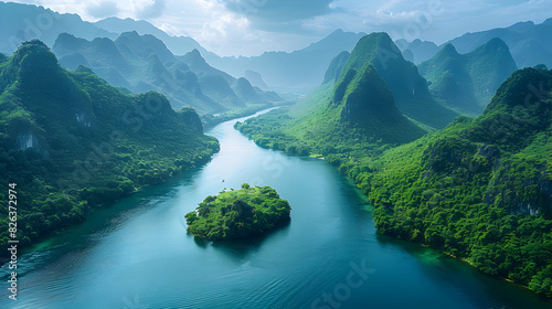 Aerial View of Serene River Winding Through Lush Green Mountains