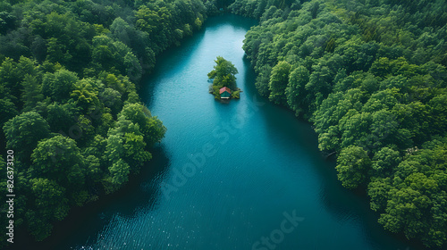 Aerial View of Forest and River with Lone House